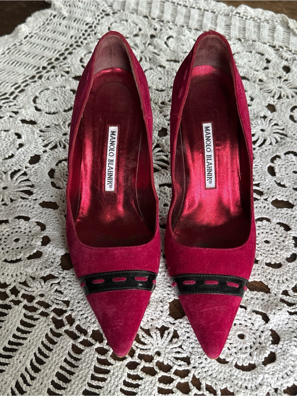 Manolo Blahnik Magenta Suede Pointed-Toe Pumps with Black Trim